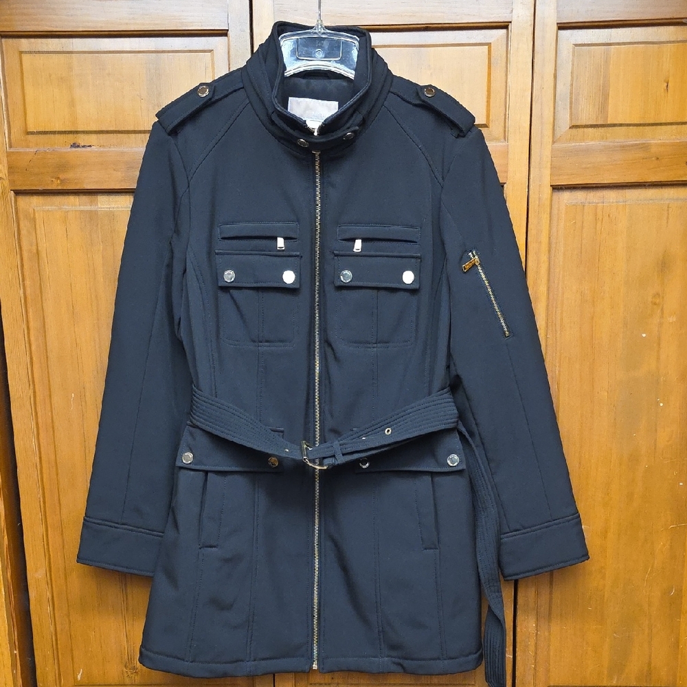 Michael Kors Black Moto Utility Trench Coat Women’s LARGE Gold Zip Belted Jacket